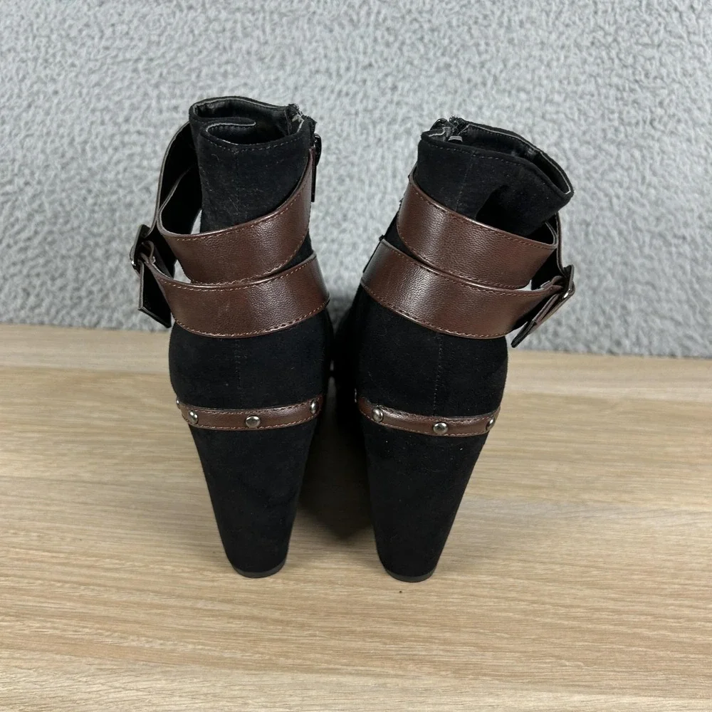 Red Circle Wedge Ankle‎ Booties Womens 8.5 Black Brown Strap Studded Side Zip